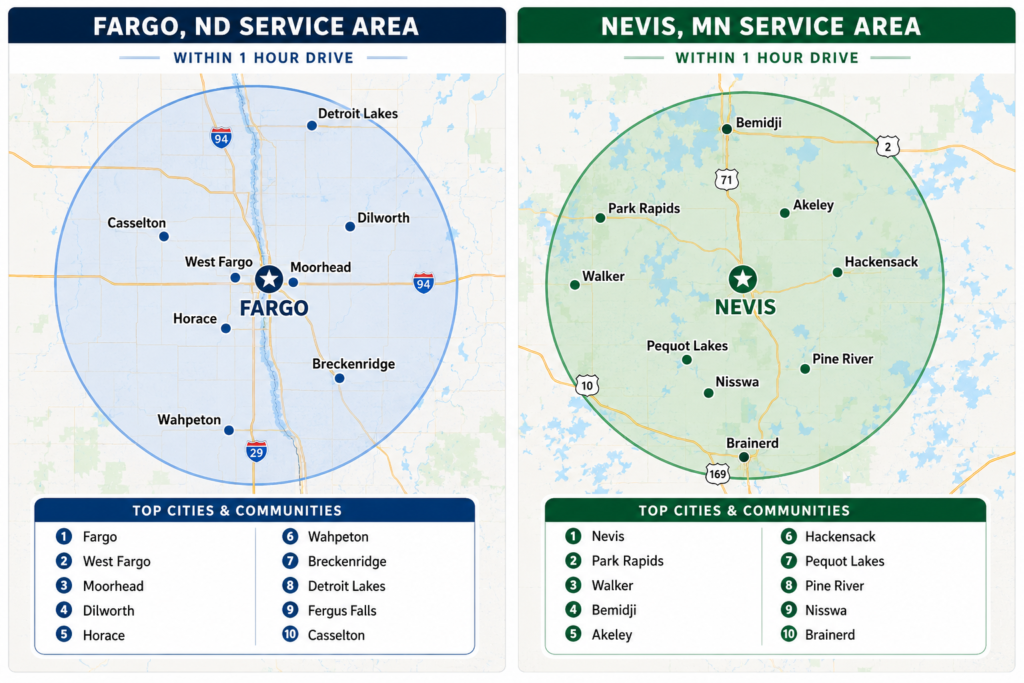 Fargo, ND and Nevis, MN service areas